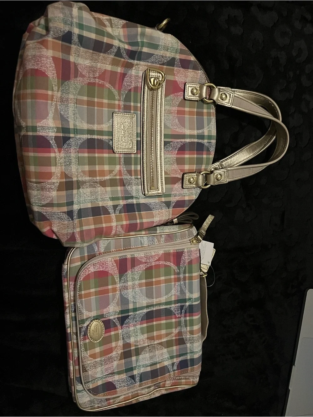 Coach Multicolor Plaid Circle Print Tote with Matching travel Case
